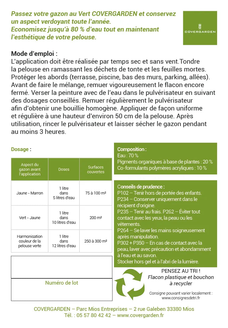 Un guide d'utilisation détaillé pour la peinture à gazon "CoverGarden". Le texte décrit les étapes d'application, les dosages en fonction de la couleur initiale du gazon, et les précautions à prendre lors de l'utilisation. Des informations sur la composition (70 % d'eau, pigments organiques, polymères acryliques) sont également incluses.