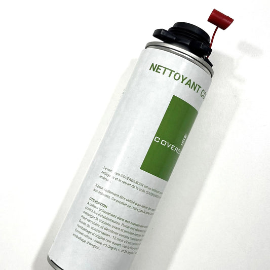 Aérosol de nettoyant COVERGARDEN pour colle, présenté en spray avec un embout rouge sur le dessus. Le flacon est blanc avec un logo vert COVERGARDEN et des instructions d'utilisation écrites en noir sur le corps du produit.