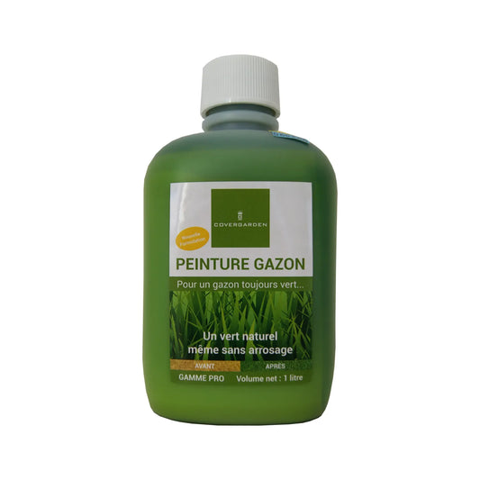 Un flacon vert de peinture pour gazon de marque "CoverGarden", étiqueté "Peinture Gazon". L'étiquette indique : "Pour un gazon toujours vert... Un vert naturel même sans arrosage". Le flacon a une contenance d'1 litre et appartient à la gamme professionnelle (Gamme Pro).